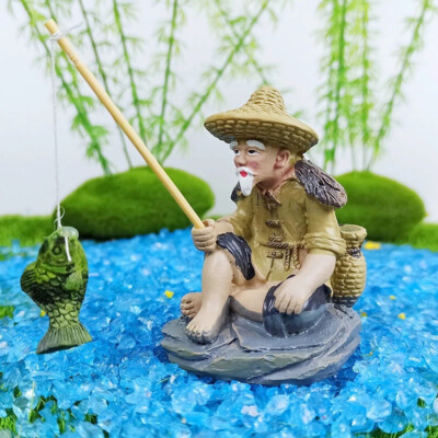 Aquarium Old Fisherman Ornaments Fish Tank Resin Decor Accessories