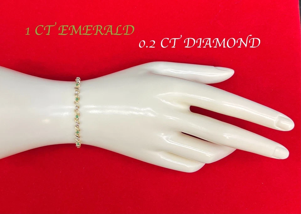 Pulsera de oro macizo de 10k de 1 quilate esmeralda, pulsera de zafiro de 1 quilate de oro macizo de 10k Foto 3 de 4