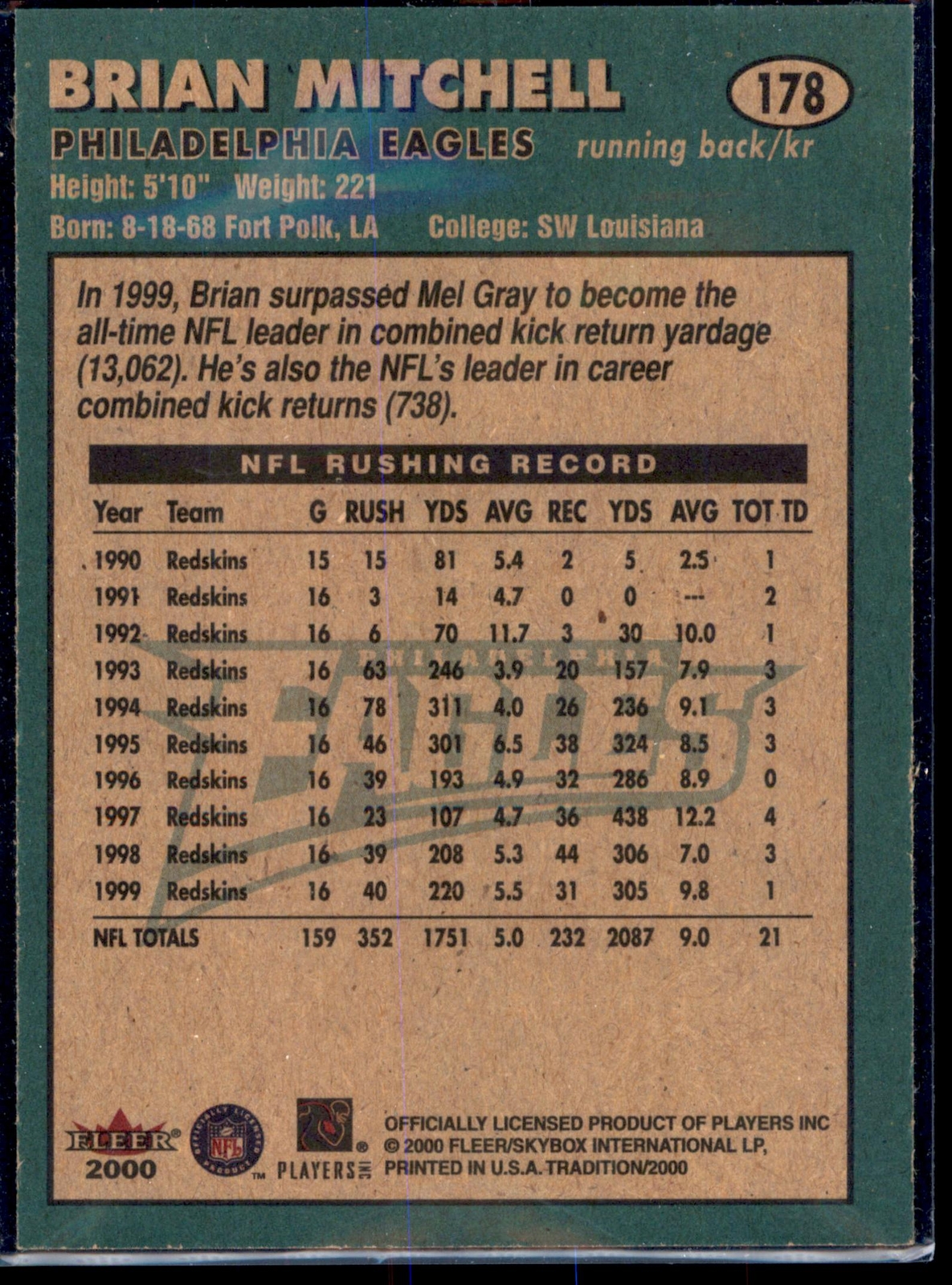 Brian Mitchell #178 2000 Fleer Tradition