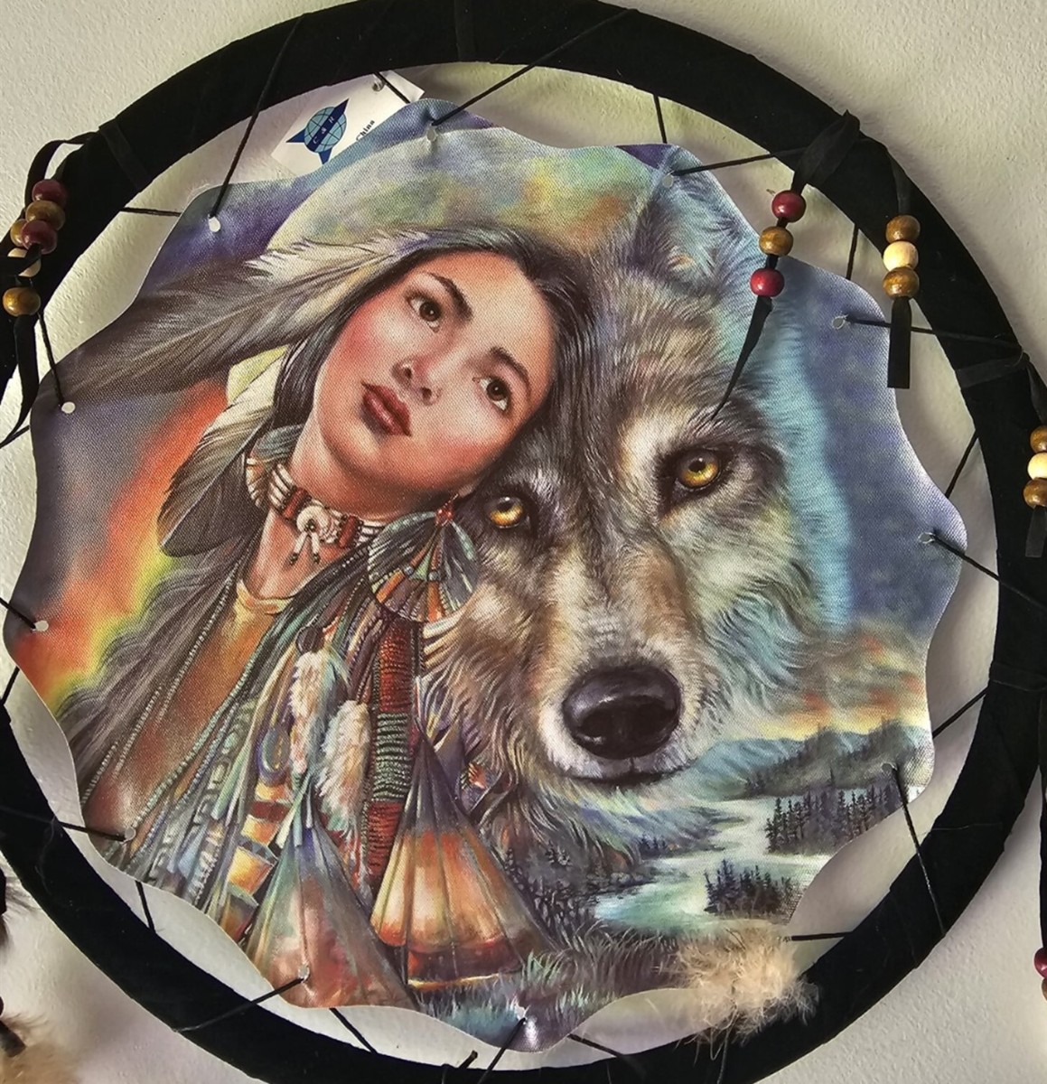 INDIAN LADY WOLF TEEPEE MOON TREES MOUNTAIN DREAMCATCHER 2 RINGS