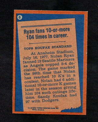 1978 TOPPS BASEBALL # 6 NOLAN RYAN '77 RECORD BREAKER 13086 | eBay