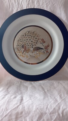 Chokin Plate, japanischer Zierteller, , 24 KT Gold  Durchmesser 26 cm Motiv Pfau