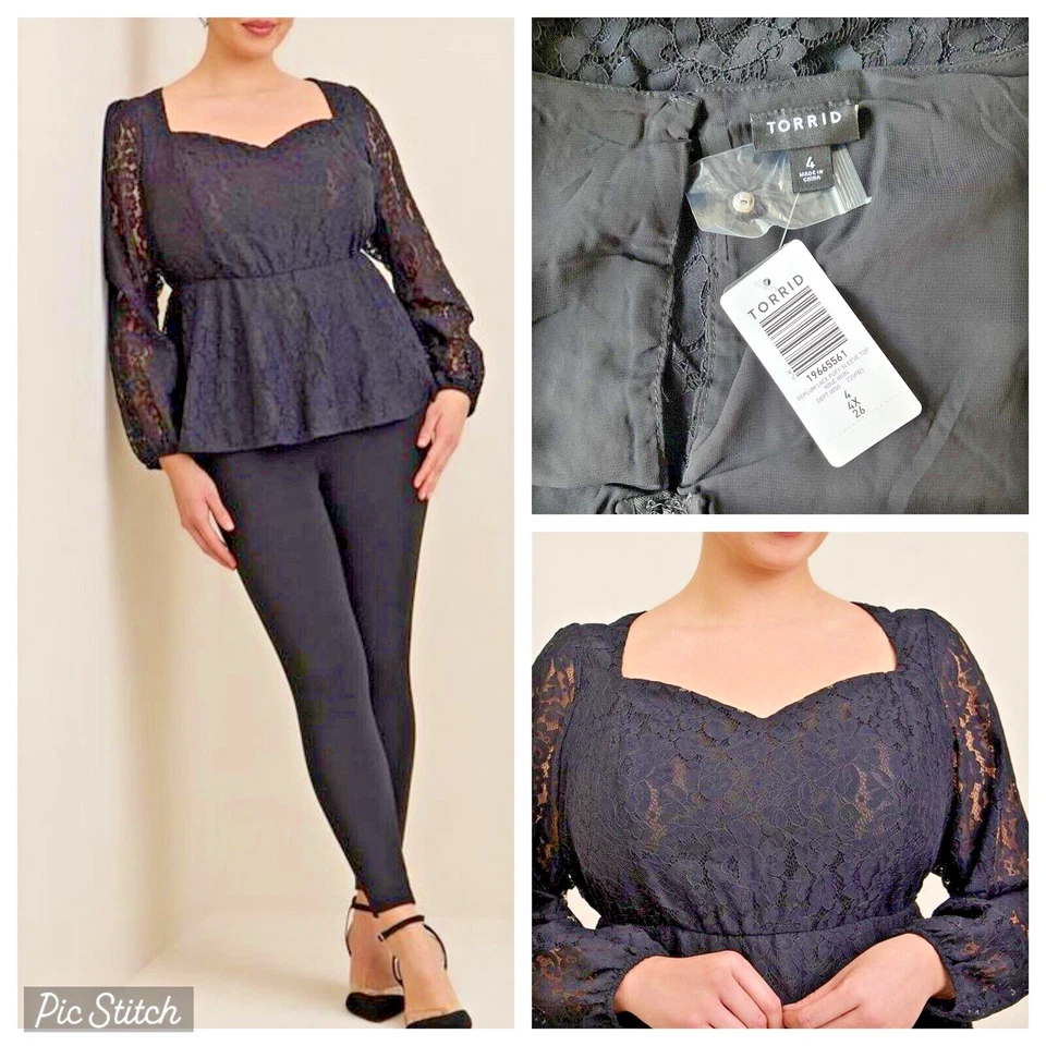 全新带标签 Torrid 4 黑色蕾丝覆盖内衬荷叶边长袖上衣,尺寸 4X 26