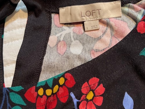 LOFT Floral Swing Dress Midi Long Sleeve Jersey Stretch Black Red Blue Casual L - Picture 3 of 19