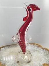 Murano Venetian Glass Standing Rooster  Red w Clear Case  Label  10"  0299