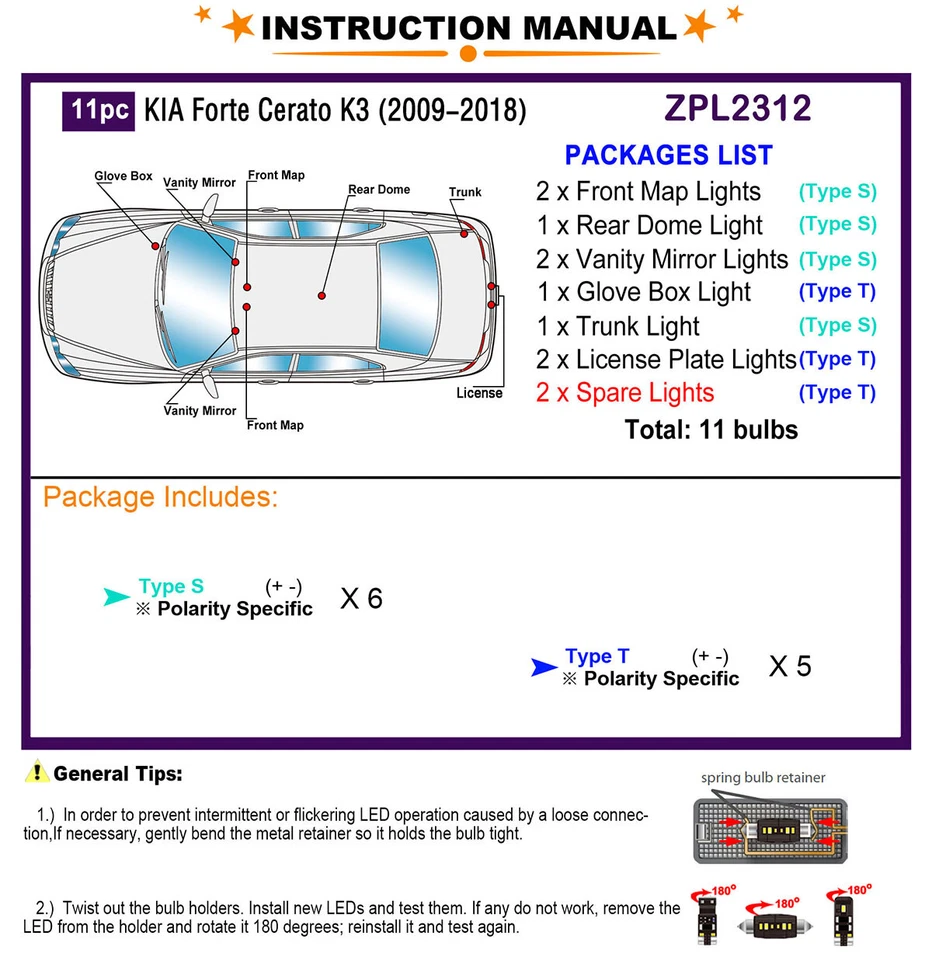 Kit de bombillas LED interiores xenón blanco para KIA Forte Cerato K3 2009-2018 Foto 2 de 4