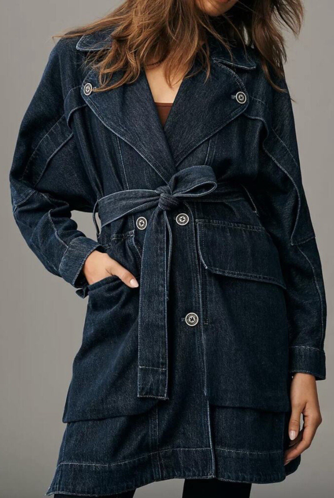 NWOT Anthropologie PILCRO Oversized Draped Dolman Denim Belted Trench Coat M L