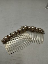Hair Comb Vintage Faux Pearl Gold Tone Beaded Clear Plastic Bridal Wedding