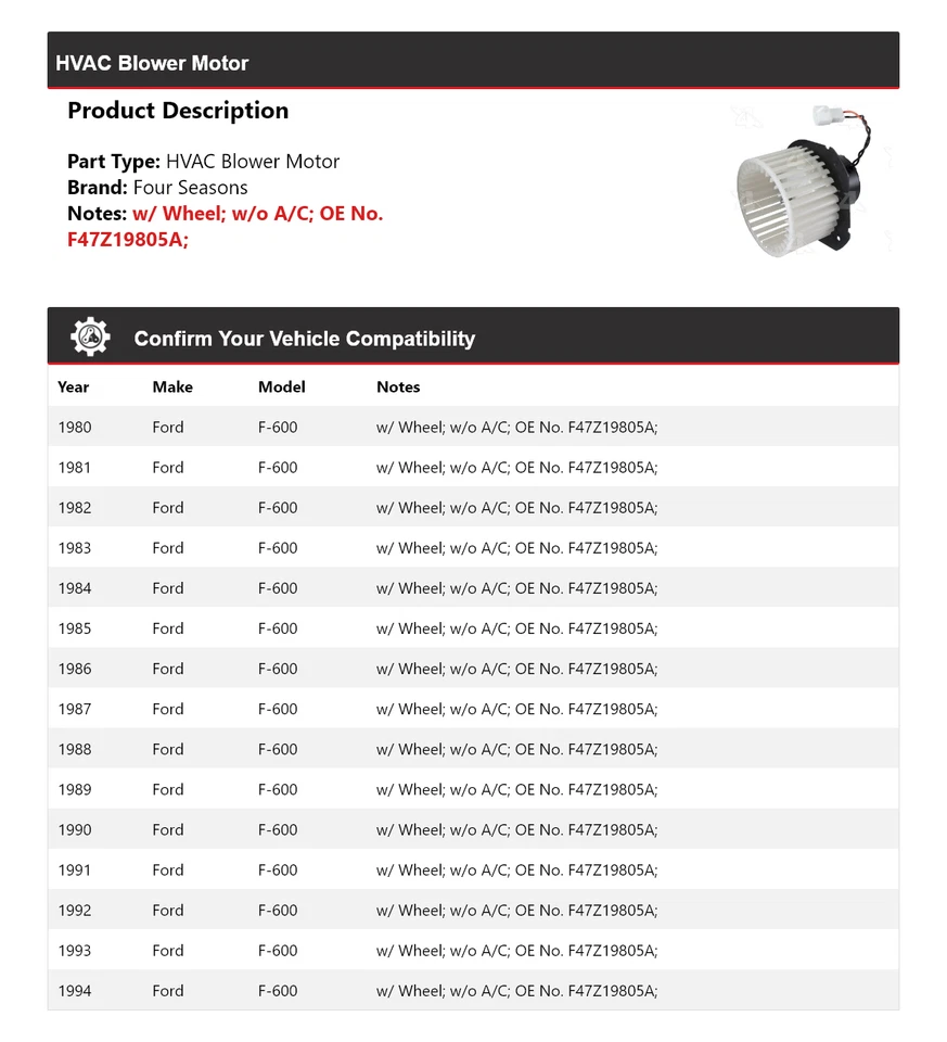Motor soplador de climatización para Ford F-600 1980-1994 4 estaciones 1981 1982 1983 1984 1985 Foto 2 de 4