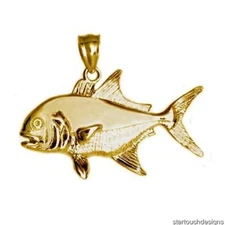 New 14k Yellow Gold 3D Crevalle Jack Fish Pendant