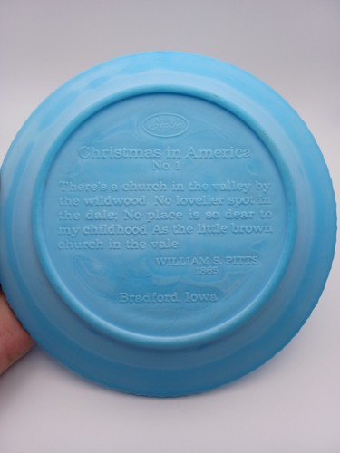 VTG Fenton Christmas 1970 Plate Blue Satin Glass Little Brown Church In Vale #1 - Picture 5 of 7