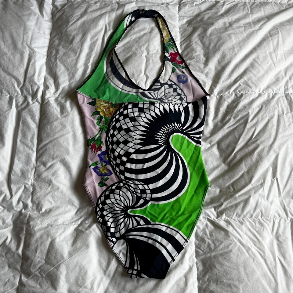 Gianni Versace Versus vintage 1990s iconic green op art print halter swimsuit 38 - Image 4 of 4