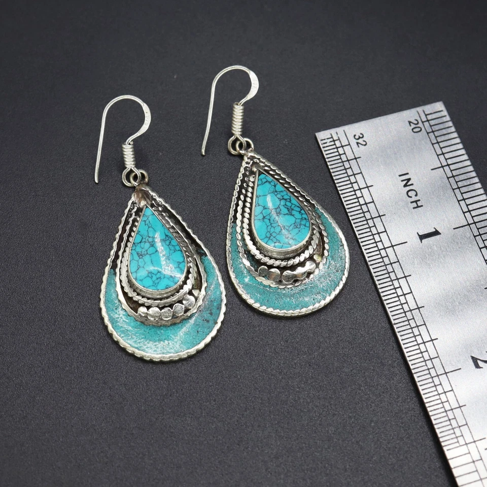 PE03🎁New Arrival🎁Tibetan Turquoise Handmade Designer Ethnic Choker Earrings - Image 3 of 3