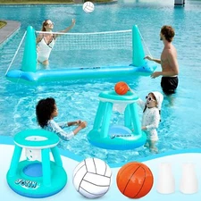 JOYIN XL Inflatable Pool Float Set, 125'' Volleyball Net & Basketball Hoops