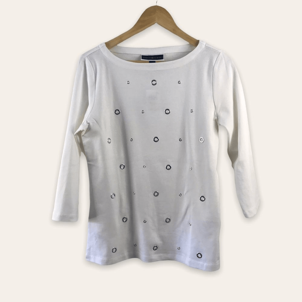 Karen Scott Womens 3/4 Sleeve Grommet Studded Top in Bright White - Chic Casual Style