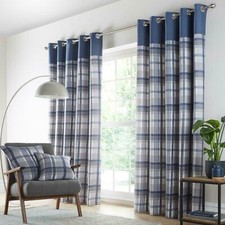 ORLEANS TARTAN CHECK EYELET READY MADE LINED CURTAINS OR CUSHION COVER PR BLUE