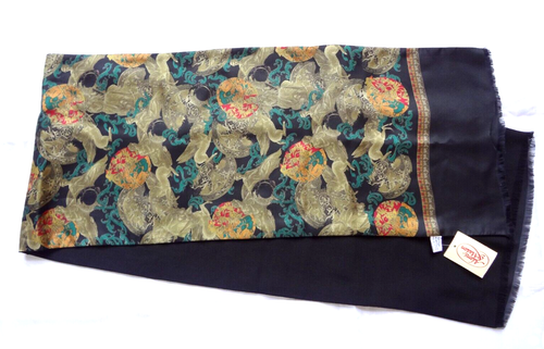 Sciarpa oblunga vintage unisex double face lana nera e seta multicolore Made in Italy - Foto 4 di 9
