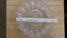 DEVILED EGG DISH HEAVY CLEAR GLASS FANCY PATTERN  HOLDS 15 MEASURES 11"