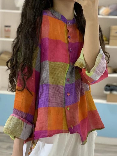 Buykud Irregular Plaid 100% Ramie Button Blouse Shirt Colorful Long Sleeve XL - Picture 2 of 24
