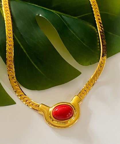 Vintage Stamped Napier Gold Tone Herringbone Chain Red Center 16” - Picture 4 of 9