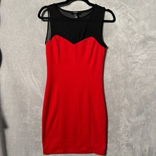 Forever 21 Shift Dress Women Medium Red Black Mesh Stretch Sleeveless Round Neck