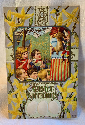 Easter Greetings Nash E 34 Postcard Embossed Posted Bunny Egg Children Forsythia