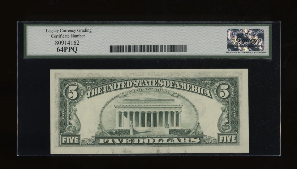 DBR 1977 $5 FRN New York Fr. 1974-B Legacy 64 PPQ Serial B76894647B - Image 2 of 2