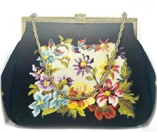 Antique Needlepoint Evening Bag 1925 Floral Gold Plated Frame Chain