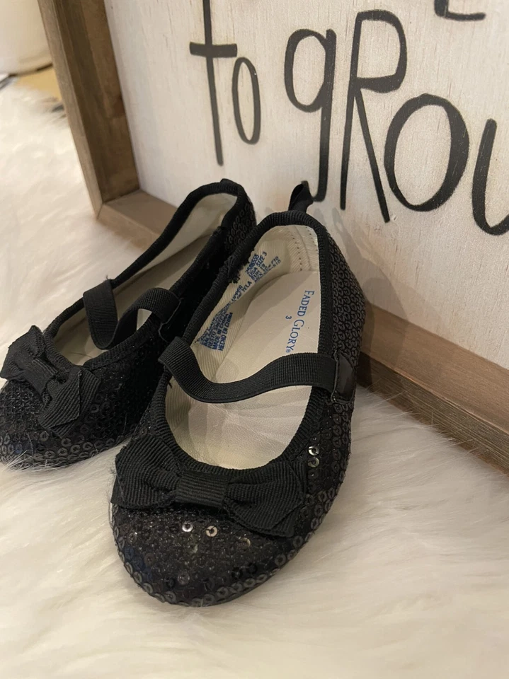 Faded Glory ребенка ясельного возраста девочек туфли Sz 3 поскользнуться на Mary Jane платье черный блестки - Изображение 2 из 4