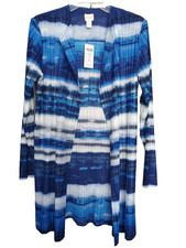 Chico s Collection Ocean Stripe India Ink Micro-Pleated Open Jacket 2 LGE NWT