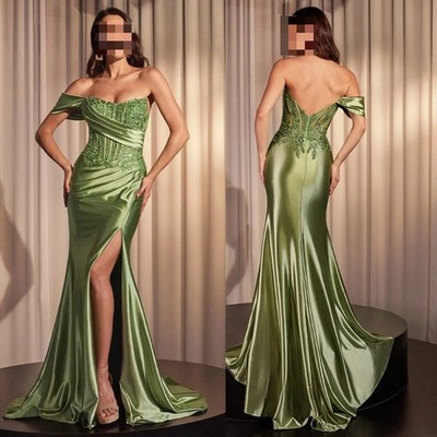 Satin Off The Shoulder Evening Dress with Applique Long Mermaid Appliques Gown