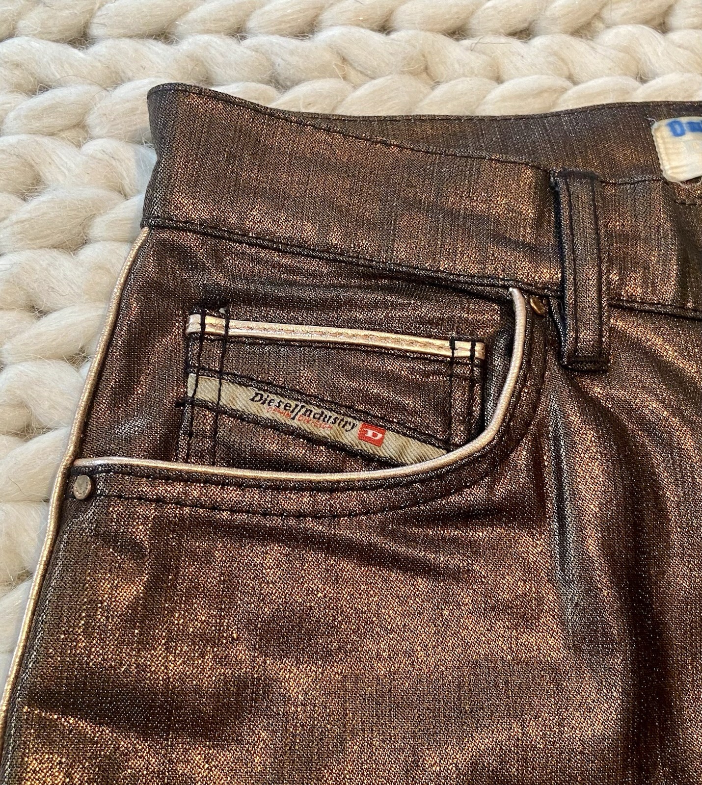 Runway Sample Diesel Pants Unisex Jeans Metallic Denim Womens Mens Leather 27x35 thumbnail 4