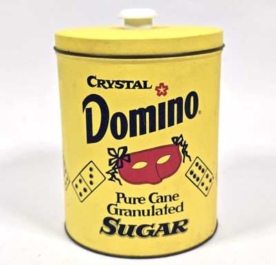 VINTAGE DOMINO PURE CANE GRANULATED SUGAR METAL TIN CANISTER 8'' W/ LID YELLOW