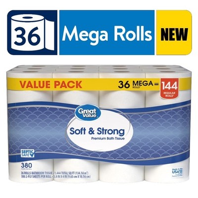 Soft Strong Premium Toilet Paper 36 Mega Rolls 380 Sheets per Roll