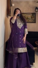 Classic Look Faux Georgette purple Palazzo Suit With Dupatta For Wedding Wear
