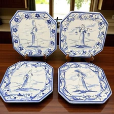 Vietri Italian Pottery Set of 4 Wall Octagonal Hand-painted Blue White Plates
