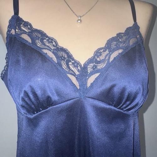 Vintage Vanity Fair Blue Camisole Slip Silky Nylon Lace Cami Fairy Babydoll 38