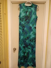 Women's Green/Blue Floral Shift Midi Dress Size 2x Fitted Sleeveless Round Neck