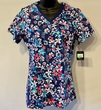 Cherolee Floral Blue 2-Patch Pocket Mock Wrap V-Neck XS Scrub Top CK621 FBLT