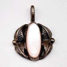 Petite Vintage Navajo Native MOP Leaf Ornate Silver Pendant