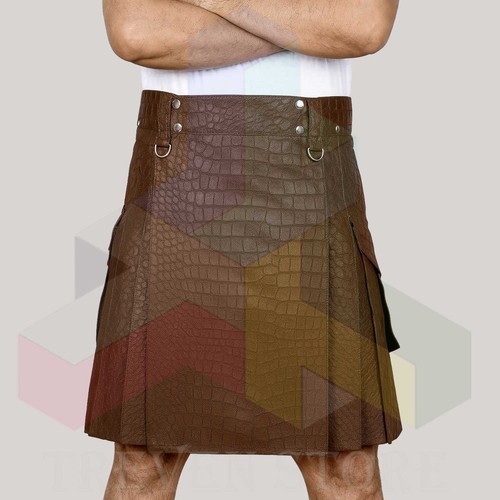Chocolate Brown Embossed Crocodile Leather Kilt for Men With 8 Pockets - Picture 4 of 6