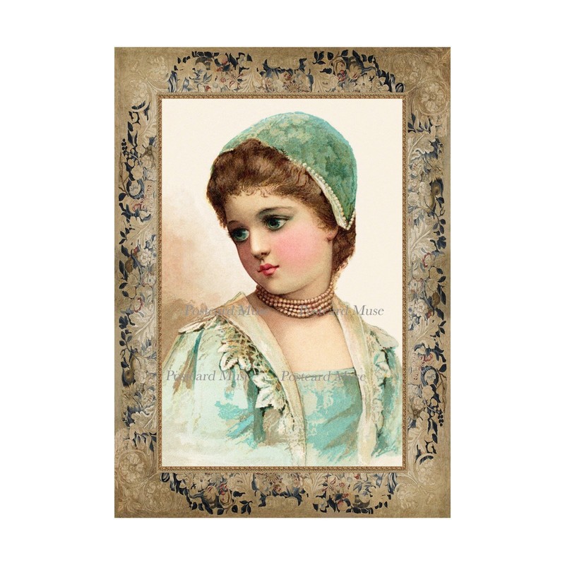 Girl With A Blue Bonnet Antique Image Cotton Fabric Block Panel Sewing Applique