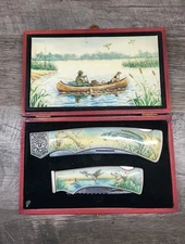 VTG Outdoor Fishing Knife Set of 2 Collections Etc Stainless Steel Wood Case