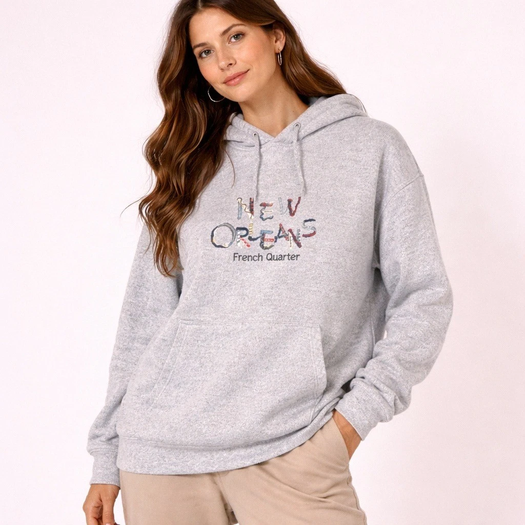 Vintage Niko's Gray New Orleans French Quarter Embroidered Fleece Hoodie Large