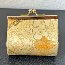 Vintage Gold Floral Brocade Coin Purse Kiss Lock Clasp, Red Interior 4.5x3.5"