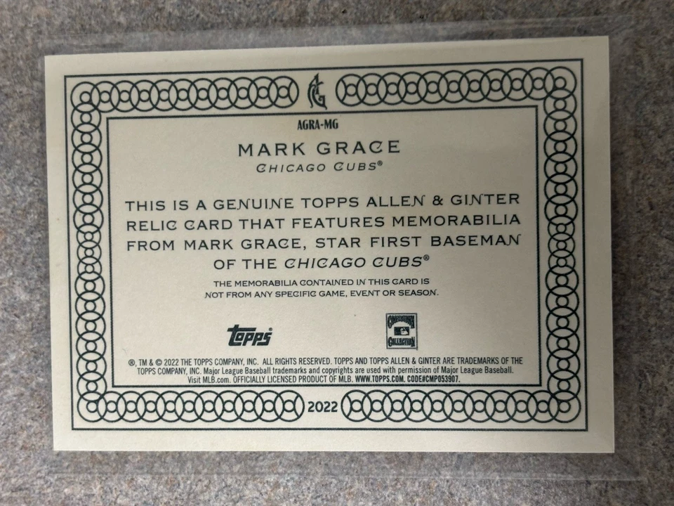 2022 Topps Allen & Ginter - Game Used Relics Mark Grace #AGRA-MG (MEM) - Image 2 of 2