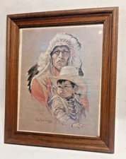 Native American Portrait Framed Watercolor on Paper Signed by Artist Vntge 1977