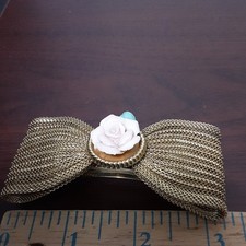Gold Metal Bow Hair Barrette with Pink Rose Floral Accent and Blue Detailing