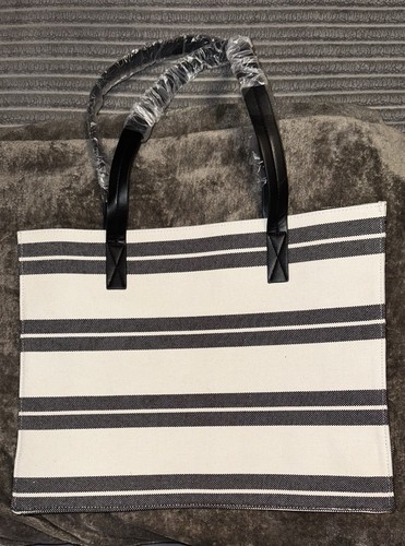 Saks Fifth Avenue große Einkaufstasche Strandtasche schwarz/elfenbeinfarben gestreift Canvas - Bild 2 von 5