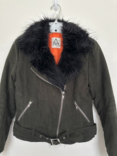 UNIF Berlin Fur Trim Bomber Jacket Suede Green Zipper Orange Lined Women's Sz XS - Picture 2 of 9